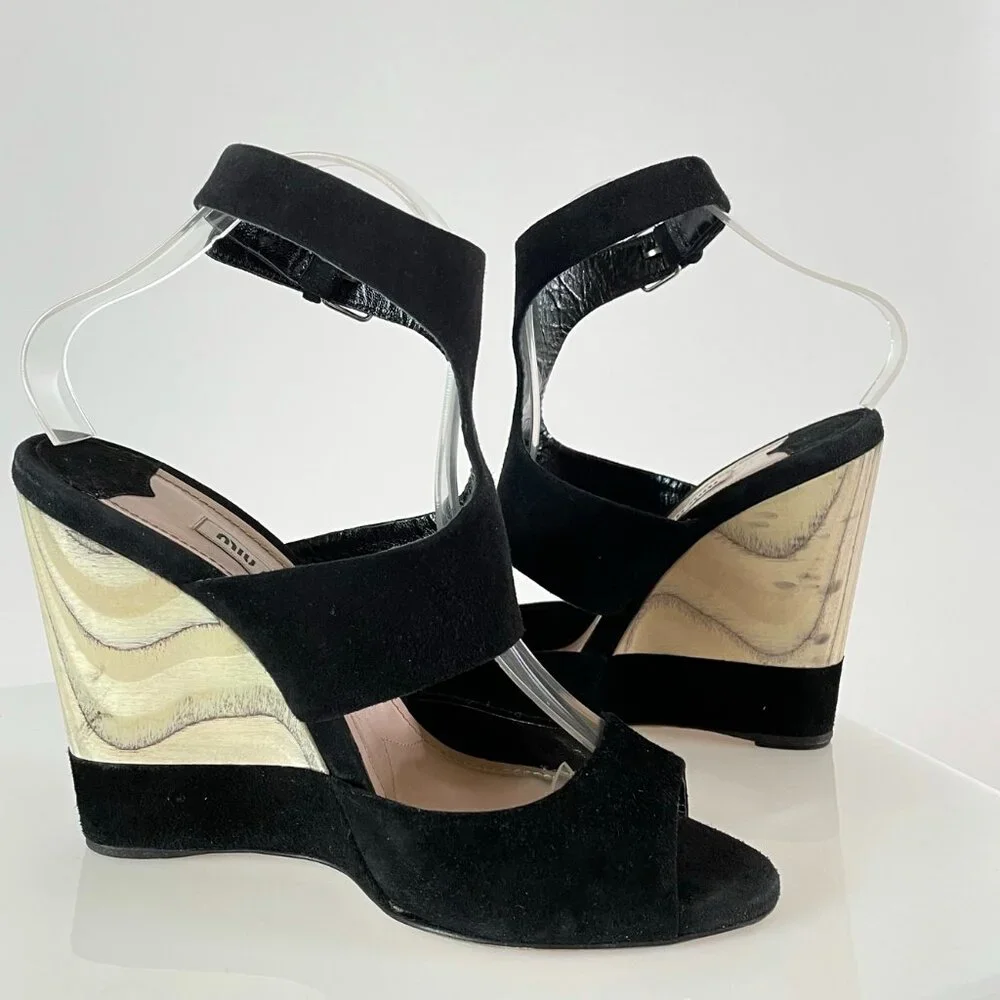 Runway | Miu Miu Suede Sandal Wedge | Black & Marblized Wood | T Strap Platform